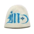 Detail showing knit texture of white beanie with blue graffiti and star stud - One Size / White