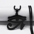 Black Eye of Horus pendant necklace in matte stainless steel on a white display stand - Black