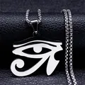 Polished silver stainless steel Eye of Horus pendant necklace on black leather surface - Silver