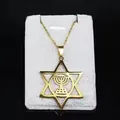 Detail of golden Star of David necklace featuring a Menorah on a white display card - Gold