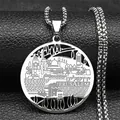 Detailed view of stainless steel Jerusalem city skyline pendant on black leather - Silver