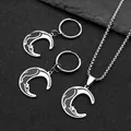 Gothic stainless steel jewelry set featuring crescent moon and black cat pendant necklace - Silver