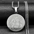 Saint Michael Protect Us round stainless steel pendant necklace on black leather background - Silver