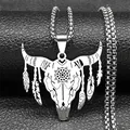 Punk rock bull skull pendant necklace with tribal totem and feather details in silver finish - Silver