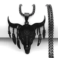 Detail view of a black bull skull pendant with feathers and a sturdy round box chain - Black