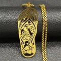 Golden flip-flop pendant necklace with tropical palm leaf cutout on black stand - 60CM / Gold