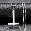 Polished stainless steel upside-down cross pendant necklace with woven metal chain - Silver