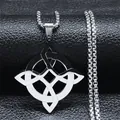 Polished stainless steel Witch's Knot necklace with celtic openwork pendant on black leather - 60CM / Silver