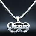 Collier avec pendentif Jésus en double cœur argenté en acier inoxydable poli miroir - 60CM / Argent