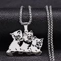 Roestvrijstalen ketting met schattige hanger van drie kittens op zwart leer - Zilver