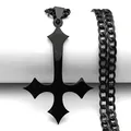 Macro shot of a black gothic inverted cross pendant with a thick metal curb chain - 60CM / Black