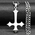 Macro shot of silver inverted cross pendant with cuban chain on black leather background - 60CM / Silver