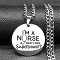 Macro shot of stainless steel nurse pendant with laser engraving on black leather - Standard Type / Silver