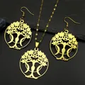 Detailed view of golden Tree of Life jewelry set with goddess and pentacle symbols - Gold Set