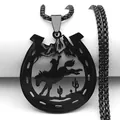 Fashionable black stainless steel horseshoe necklace featuring a cowboy riding silhouette - 60CM / Black