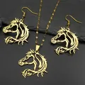 Detail view of gold stainless steel hollow horse head necklace and earrings set - Necklace & Earring Set / Gold Set