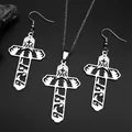 Halskette und Ohrringe Set aus Edelstahl mit hohlem Kreuz und religiöser Weihnachtsszene - Silbernes Set