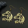 Detailed view of gold horse head dangle earrings with hollow geometric artistic design - Gold / Hook Earrings