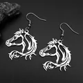 Close-up of a silver hollow horse head earring on a black textured background - Silver / Hook Earrings