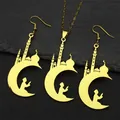 Parure de bijoux dorés en acier inoxydable avec silhouettes de mosquées pour l'Aïd - Collier et boucles d'oreilles / Or