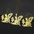 Golden stainless steel necklace and earring set featuring hollow angel wing pendants - Necklace and Earring Set / Gold Set