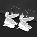 Detail view of silver Egyptian Isis goddess earrings with intricate wing engravings - Silver Ear Hooks