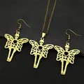 Golden stainless steel necklace and earring set featuring hollow skull fairy wing design - Necklace and Earring Set / Gold Set