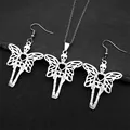 Macro shot of gothic stainless steel skeleton butterfly necklace and earrings set - Necklace and Earring Set / Silver Jewelry Set