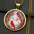 Golden round necklace with two red cardinals on winter branches and a sleek box chain - Gold