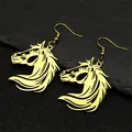 Polished gold horse head drop earrings with detailed profile silhouette on stone - Earring Hooks / Gold
