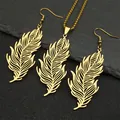 Golden feather jewelry set with hollow leaf pendant necklace and hook earrings - Gold Jewelry Set