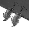 Gothic style matte black feather drop earrings with hollow metal leaf design - Black Ear Hook