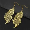 Detail of golden hollow feather earrings showing fine craftsmanship on stone background - Gold Ear Hooks