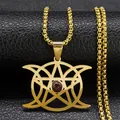 Collier déesse triple lune et pentagramme avec pierre rouge sur cuir noir élégant - Or 60cm