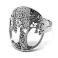Adjustable stainless steel tree of life ring with hollow heart design on white background - Silver