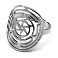 Adjustable hollow stainless steel ring with spiral maze pattern and star center design - Adjustable Open / Silver