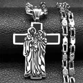 Retro stainless steel cross pendant with Virgin Mary engraving on mechanical link chain - Silver