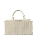 Minimalist beige quilted tote bag with vertical stitching and padded handles for daily use - White