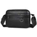 Men's minimalist black PU leather crossbody bag with silver D-ring and wide nylon strap - Solid Black