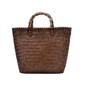 Retro brown woven shoulder bag featuring a bamboo handle and textured design - Brown