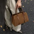 Braune Vintage-Wildleder-Einkaufstasche mit Kontrastnähten für Damen im Büroalltag - Braun