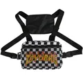 Hip hop chest bag with black and white checkerboard pattern and flame print design - Black White Grid