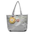 Gray canvas tote bag with yellow floral coin purse and SCBG logo label for women - Green