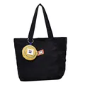 Black canvas tote bag for women with yellow flower coin purse charm decoration - Black