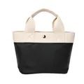 Minimalist black and white contrast PU tote bag with lychee grain texture and silver button - Black