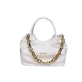 Minimalist white PU leather shoulder bag with bold gold chain and ruched cloud design - White