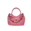 Pink PU leather handbag with elegant pleats and decorative chunky gold chain accent - Pink