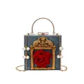 Retro deep blue square handbag with a red rose and baroque gold frame detail - Flower Version / Gray