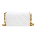 White minimalist square crossbody bag with woven texture and chunky gold chain strap - White