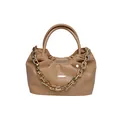 Elegant camel PU leather cloud bag with chunky gold chain strap and gathered pleated design - Khaki